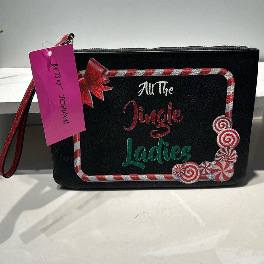 NWT Betsy Johnson All The Jingle Ladies Pouch Black with Peppermint
